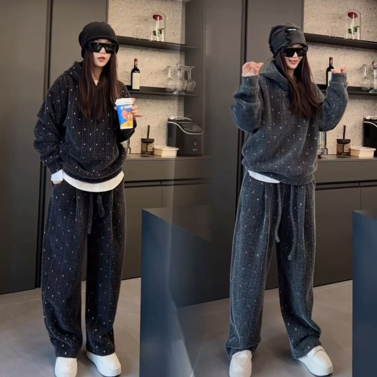 秋冬季加厚套装男女同款彩织连帽卫衣休闲裤两件套