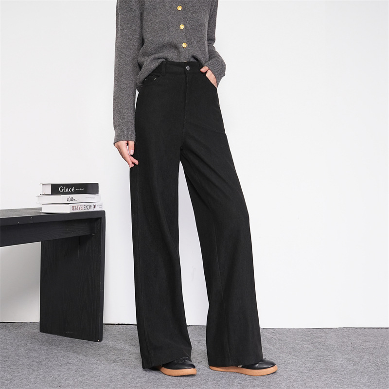 K0135冬复古灯芯绒阔腿裤加绒显瘦高腰安克拉红细灯芯绒休闲裤