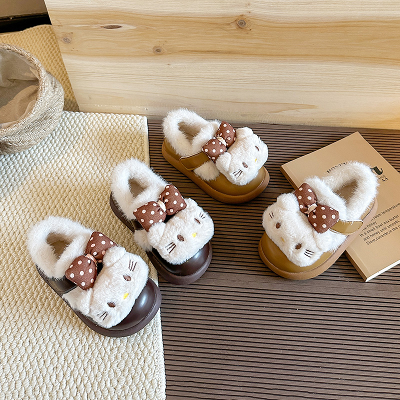 2025女童冬季新款可爱卡通KT蝴蝶结雪地靴皮面防水软底加厚棉鞋