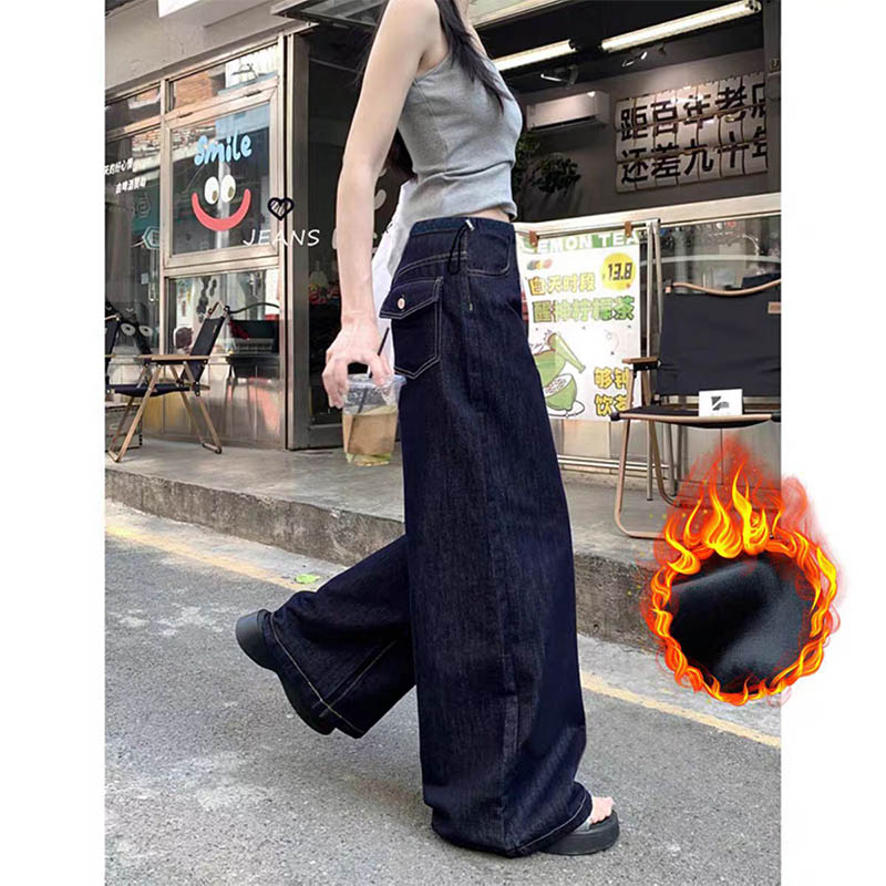    （女装）301 秋冬新款蓝色高腰阔腿加绒保暖牛仔裤