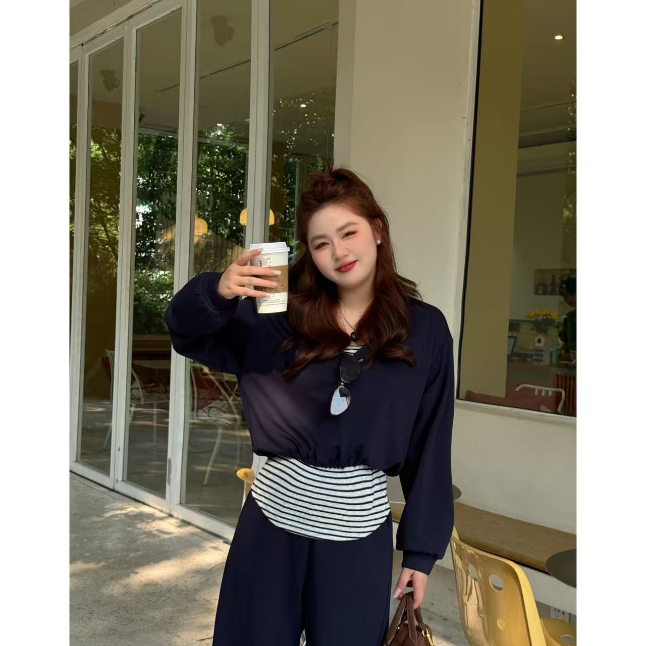 楠序【层次美学】源子微胖女装 2025年秋装显瘦时尚三件套装YZ37105