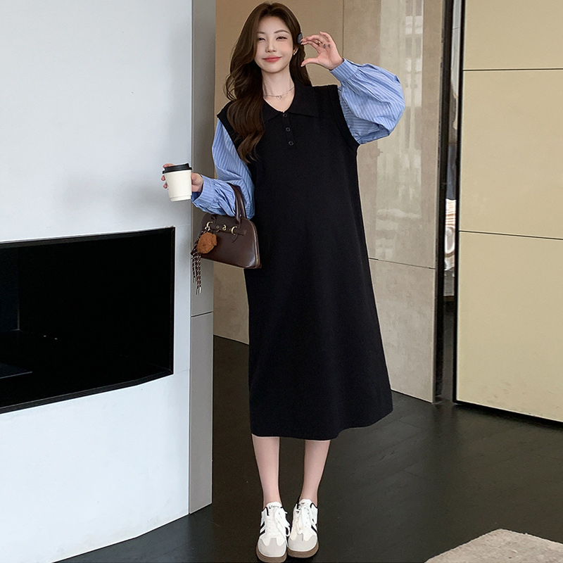 孕妇装2025年韩版秋季新款翻领假两件衬衫针织宽松拼接孕妇连衣裙