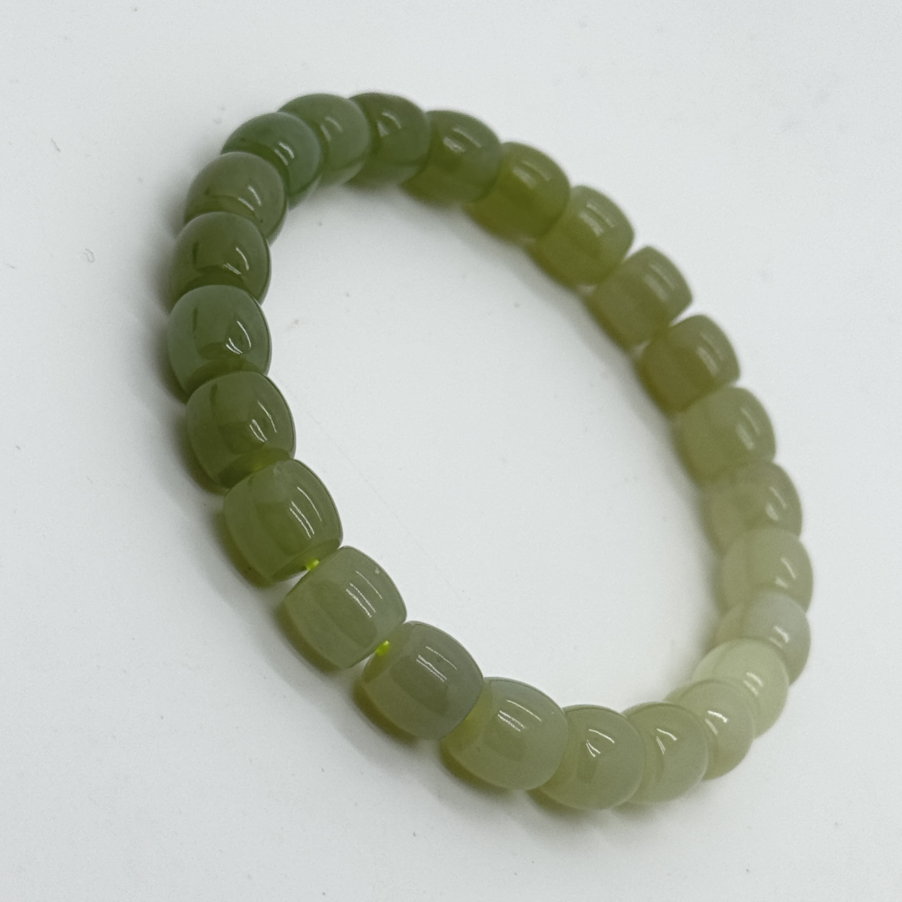 1518天然和田玉青玉渐变色直切老型珠单圈手串8mm左右