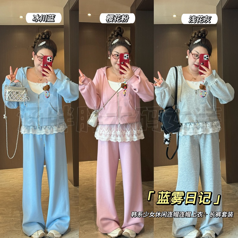 清【涵胖胖】蓝雾日记~韩系少女休闲连帽上衣+长裤套装XZ8509【B】