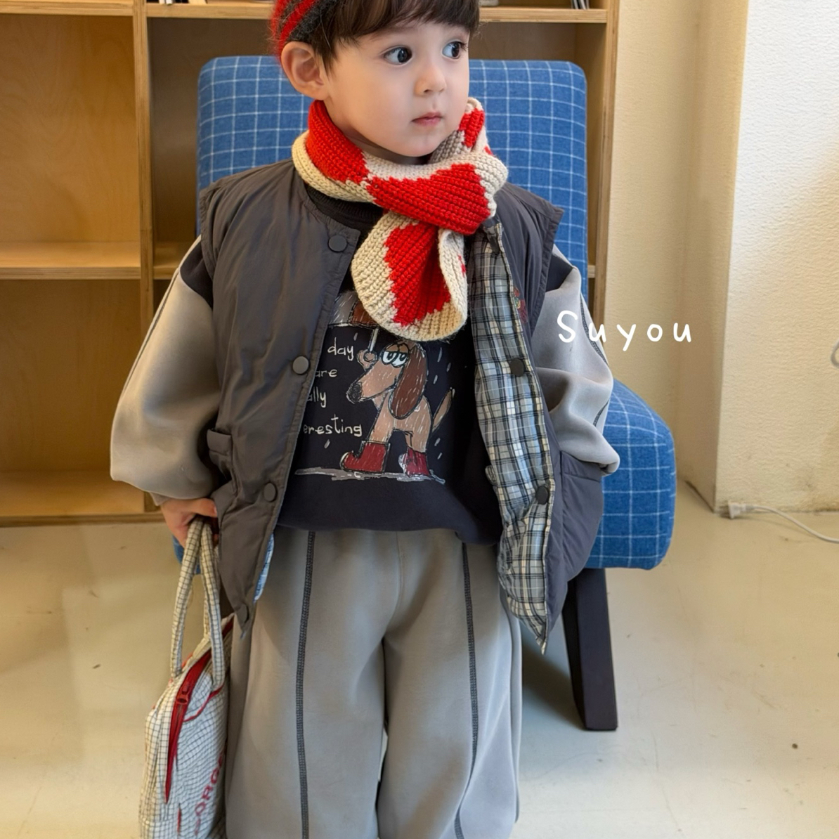 苏右25冬儿童两面穿羽绒马甲韩版男童小童腊肠狗加绒卫衣卫裤套装