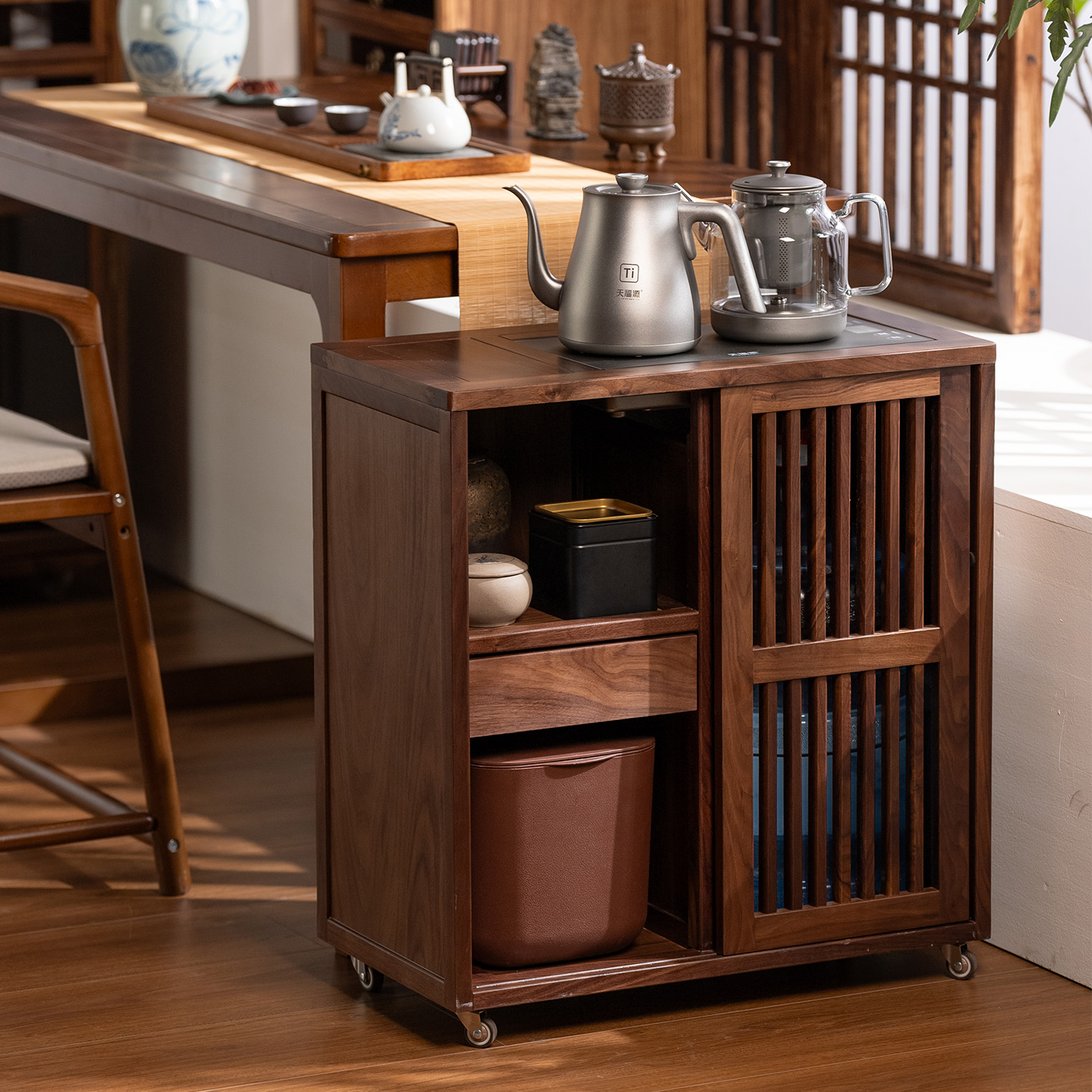 【四时亦予】北美黑胡桃新中式茶水柜茶边柜茶室茶空间置物柜收纳柜