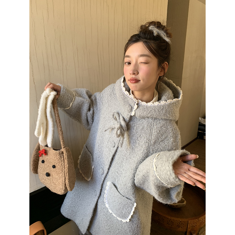 Jiang jam/姜姜姜酱少女蝴蝶结连帽大衣中长毛呢外套