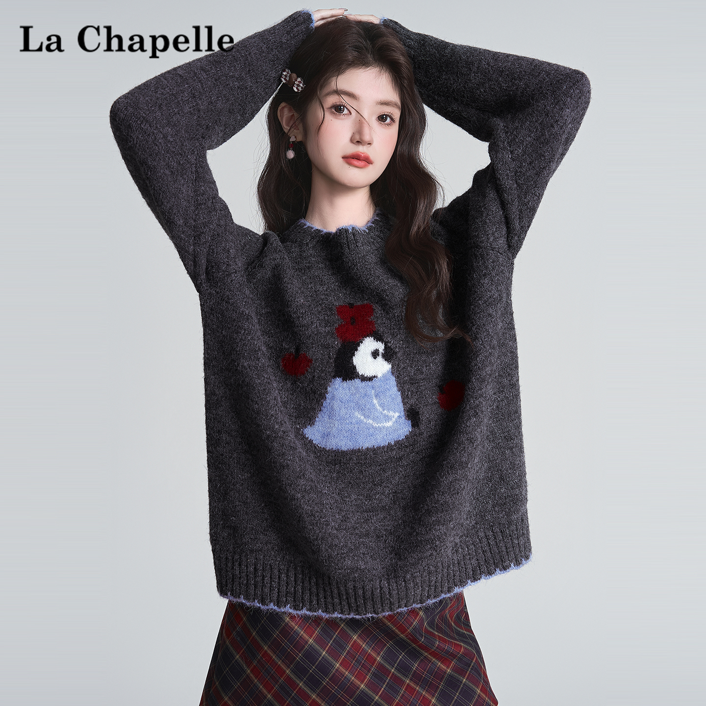 拉夏贝尔羊毛混纺企鹅刺绣套头加厚毛衣女冬新款慵懒风针织衫上衣