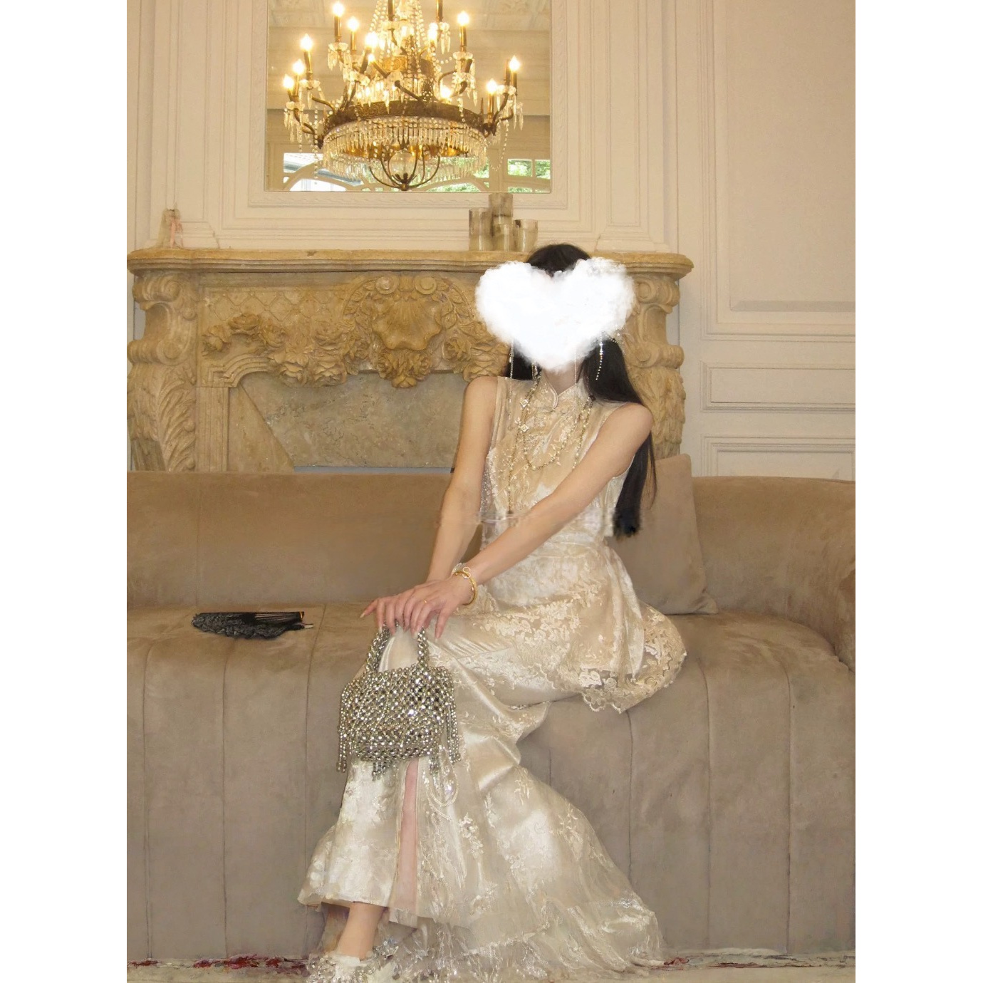 【花涧绣】新中式重工蕾丝珠绣斜襟马甲+鱼尾半身裙套装