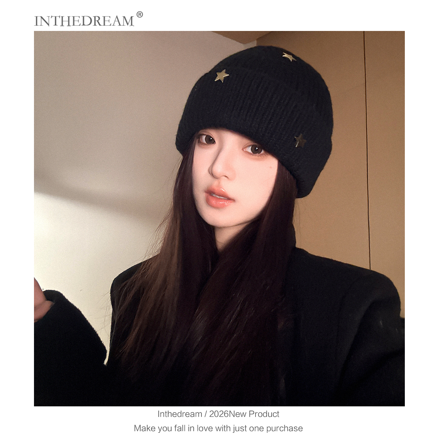 黑色星星针织毛线帽女秋冬保暖加厚显脸小包头冷帽