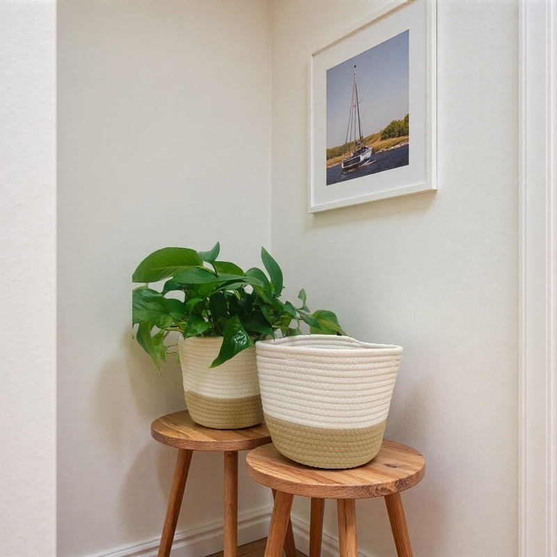 北欧简约家用棉绳花盆花篮棉绳编织杂物钥匙整理置物篮桌面收纳篮