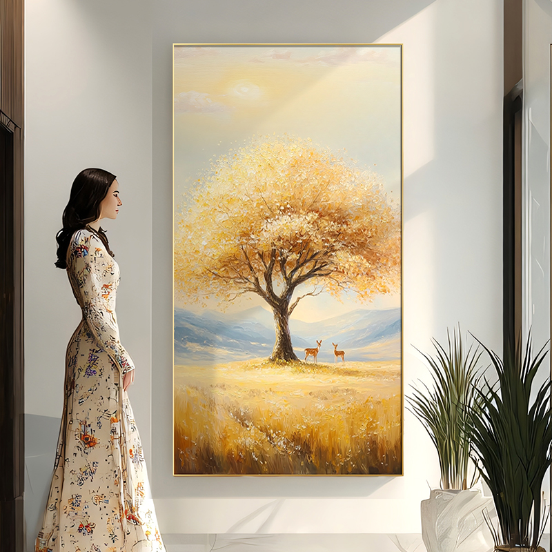 《发财树》纯手绘油画现代轻奢玄关装饰画高级感走廊过道尽头挂画