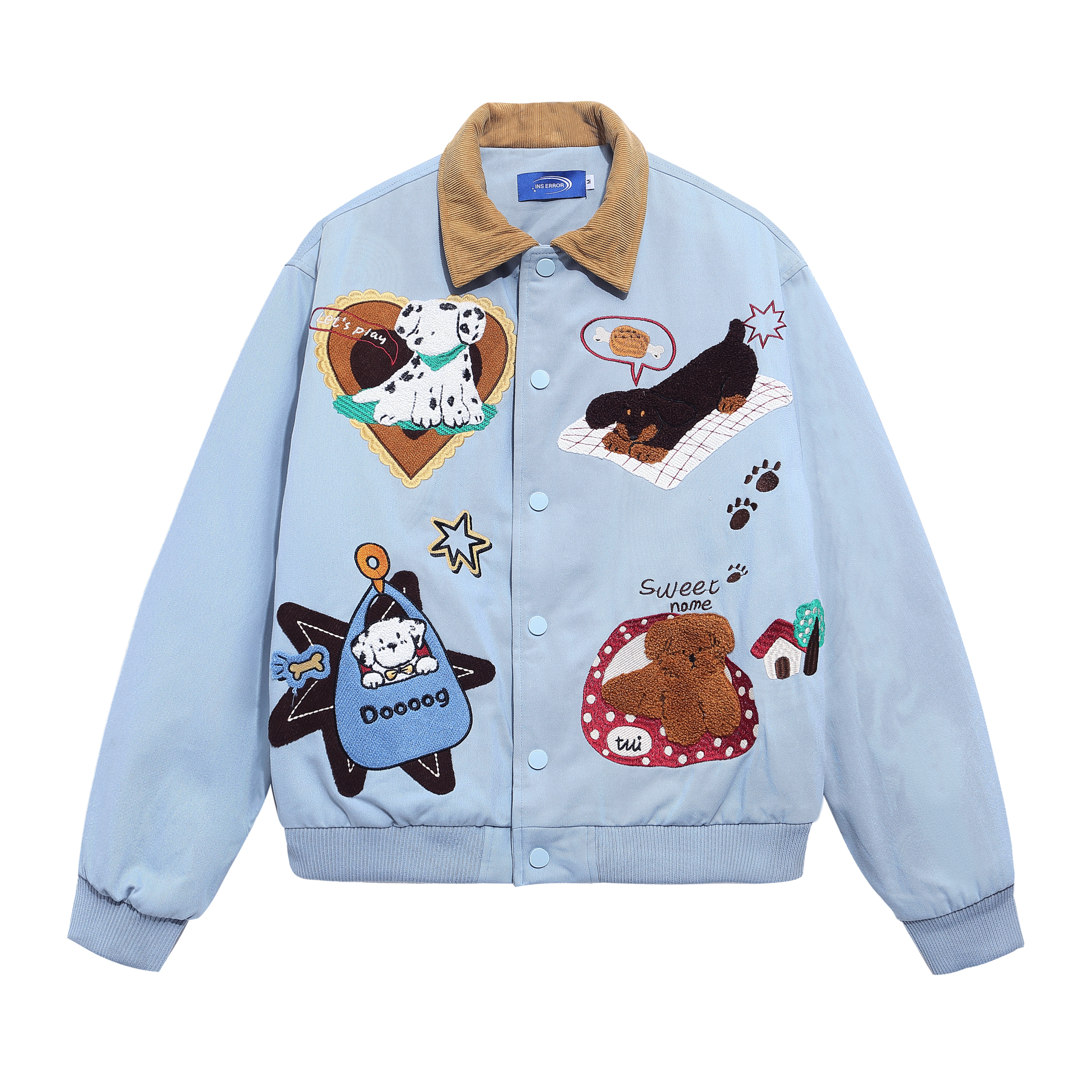 美式街头牛仔上衣棉服保暖刺绣国潮情侣卡通动漫落肩袖翻领