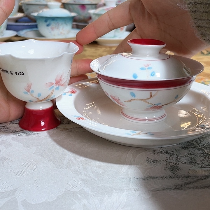 【闪购商品】瓷片玉兰风清盖碗+杯+壶承