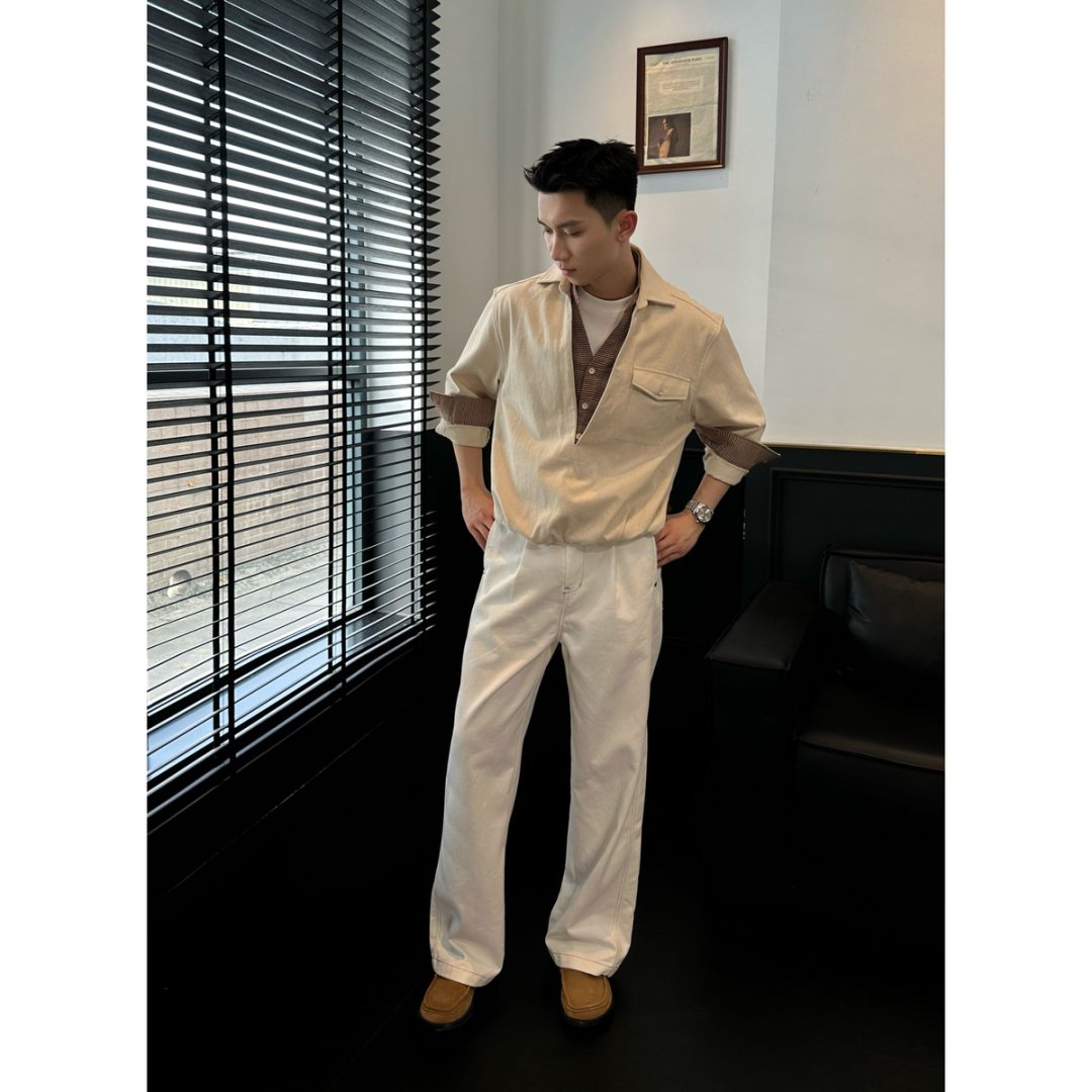 【S178】[纯棉层次感]男士秋季拼接撞色格纹口袋文艺假两件衬衣