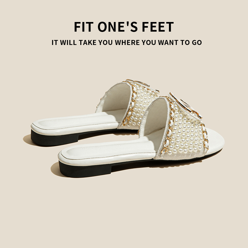 【小香风】珍珠拖鞋女夏外穿配裙子链条平底一字拖时尚高级感凉拖鞋