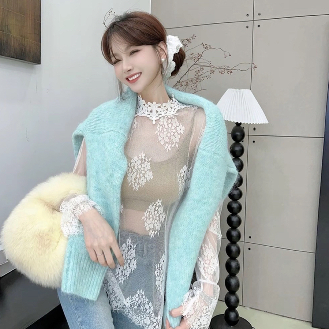 品质高端网纱内搭花边长袖柔软蕾丝打底衫洋气小衫打底雷丝上衣女