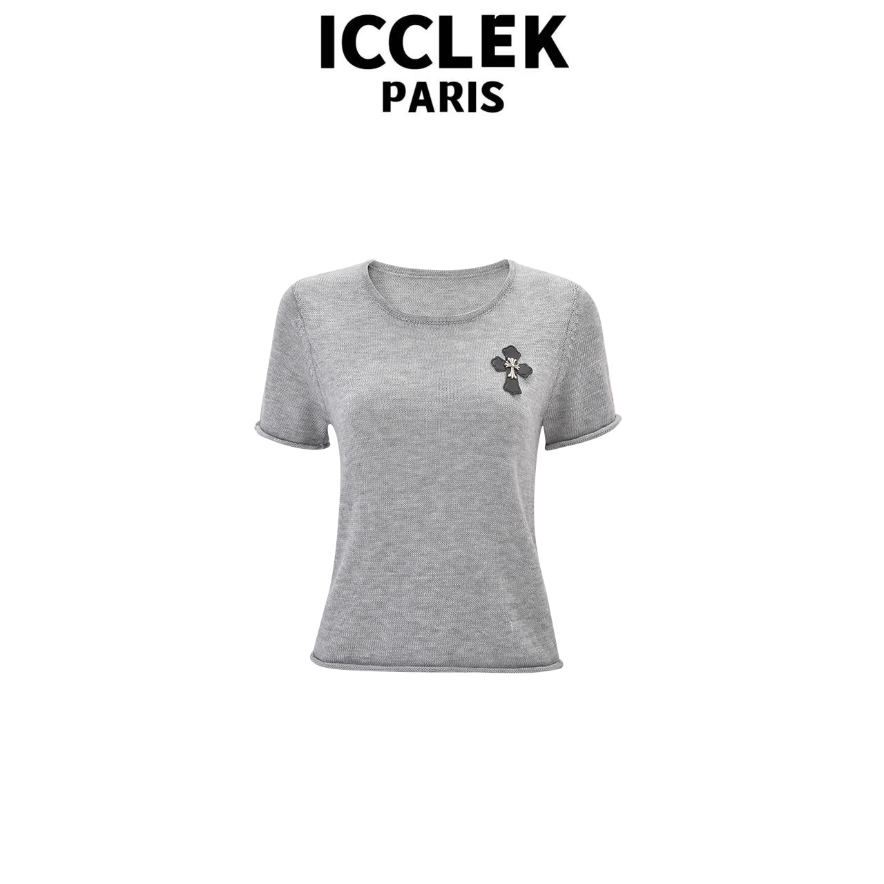 ICCLEK 灰色V领印花百搭休闲圆领短 T恤 -5577