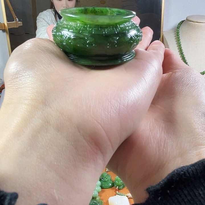 和田玉（碧玉）未镶嵌摆件天然和田碧玉聚宝盆