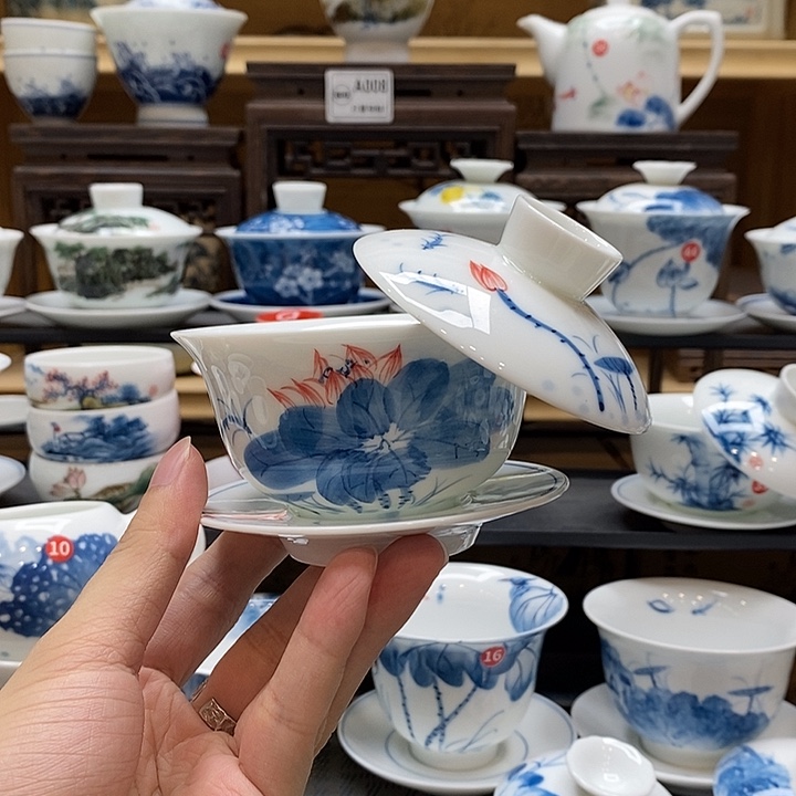 手绘荷花悬停盖碗150cc釉下彩微瑕福利款