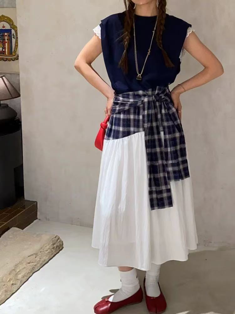 韩系设计感拼接蕾丝短袖圆领连衣裙女2025年夏季宽松显瘦拼色长裙