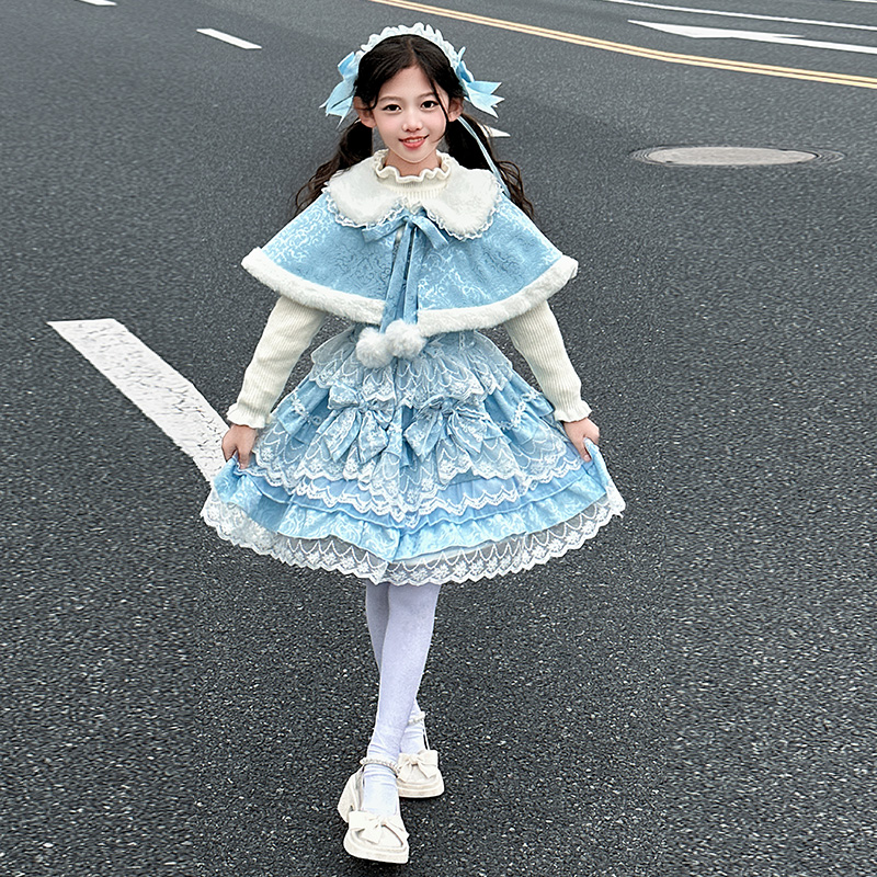 橙意女童蓝色恋与洛丽塔冬款公主裙中大童连衣裙