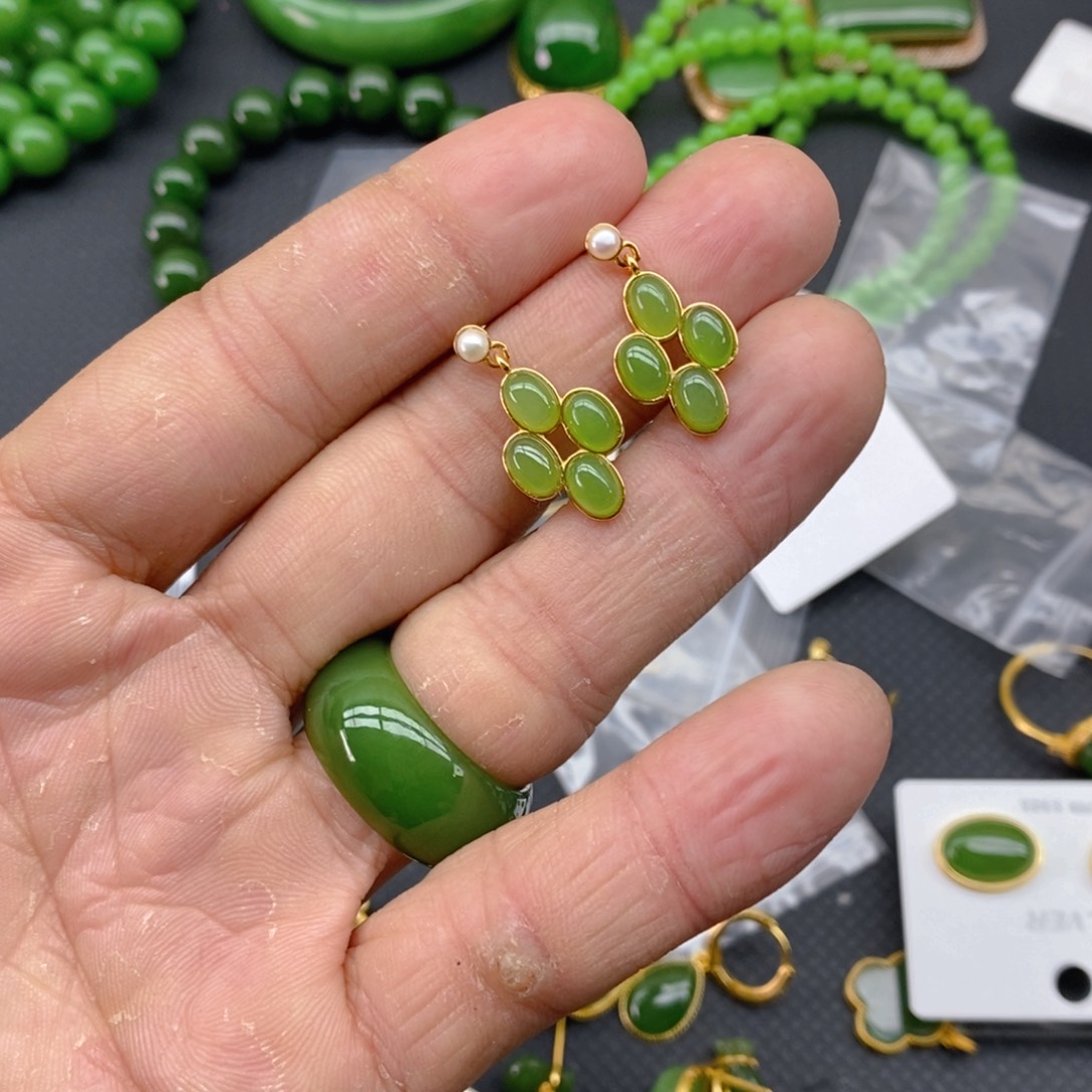 和田玉（碧玉）戒指银S925镀金镶嵌