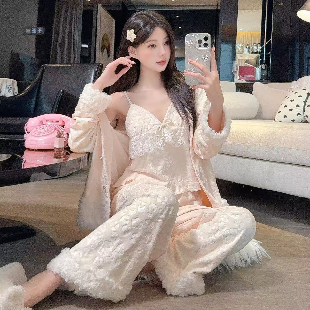 LULM四件套新款睡衣海岛绒加厚保暖豹纹家居服高级可外穿洋气套装