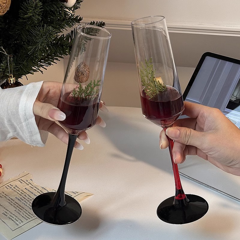 2个高级感黑杆香槟杯微醺玻璃红酒杯高脚鸡尾酒杯起泡酒杯果酒杯