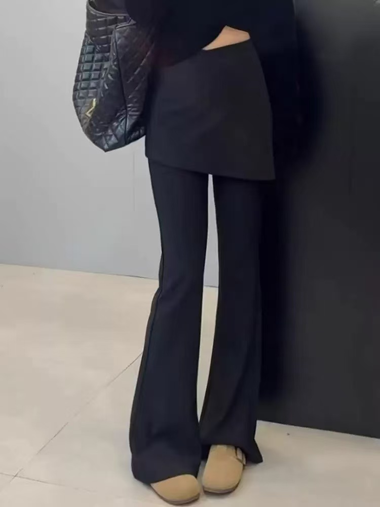 2025春季新款韩系小众设计感高腰百搭显瘦休闲黑色假两件微喇裤女