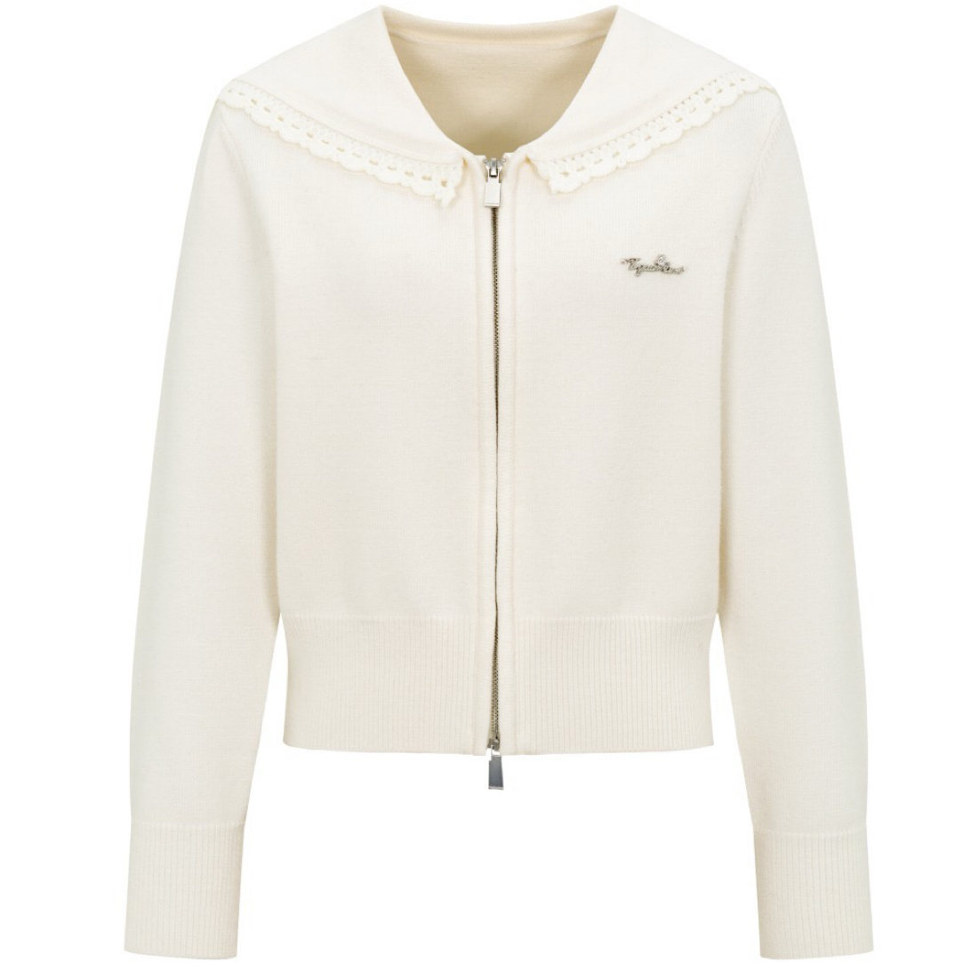 Three  Quarters米色钩花绵羊毛海军领针织开衫 