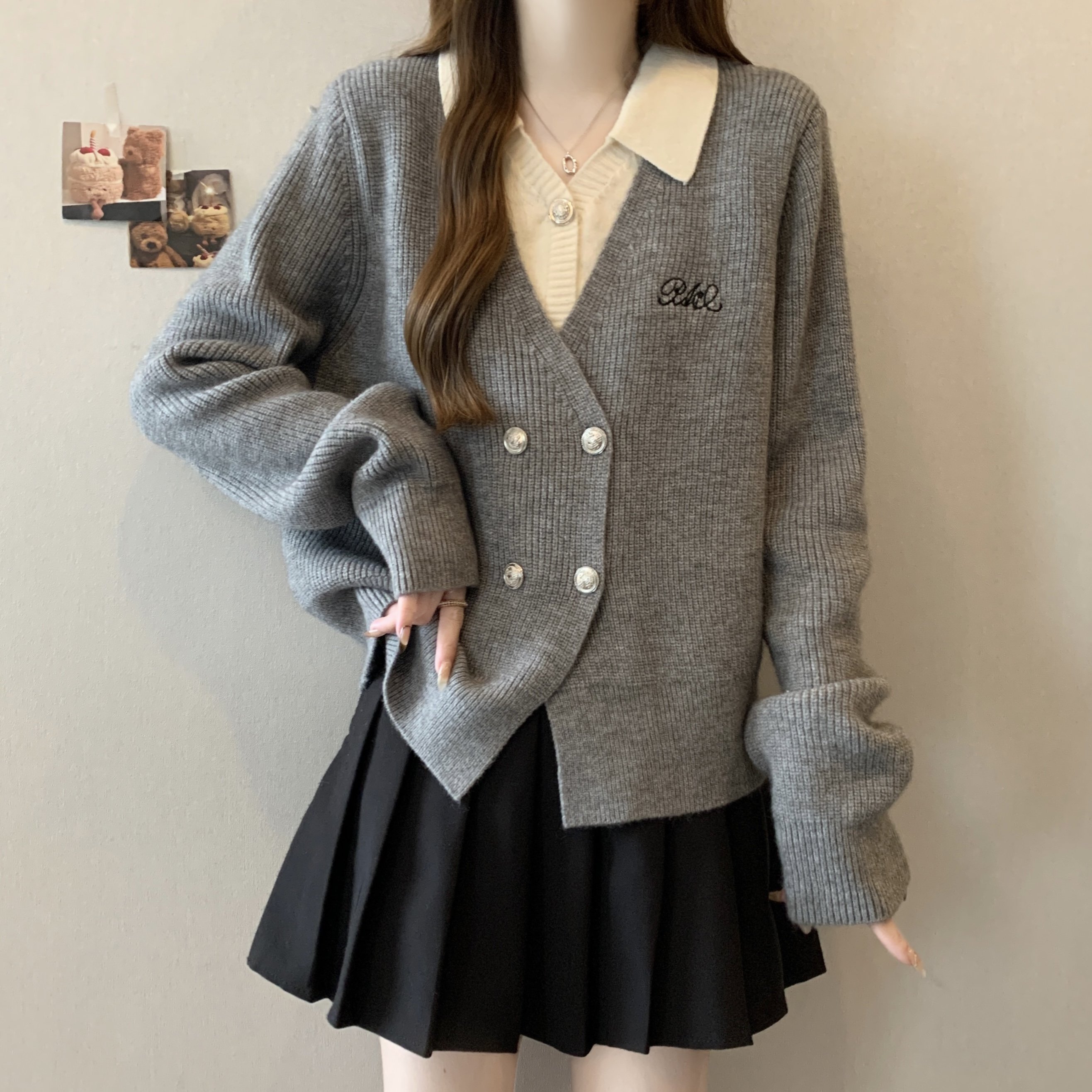 大码秋冬加厚假两件毛衣女款精致上档次洋气高级感拼接针织衫上衣