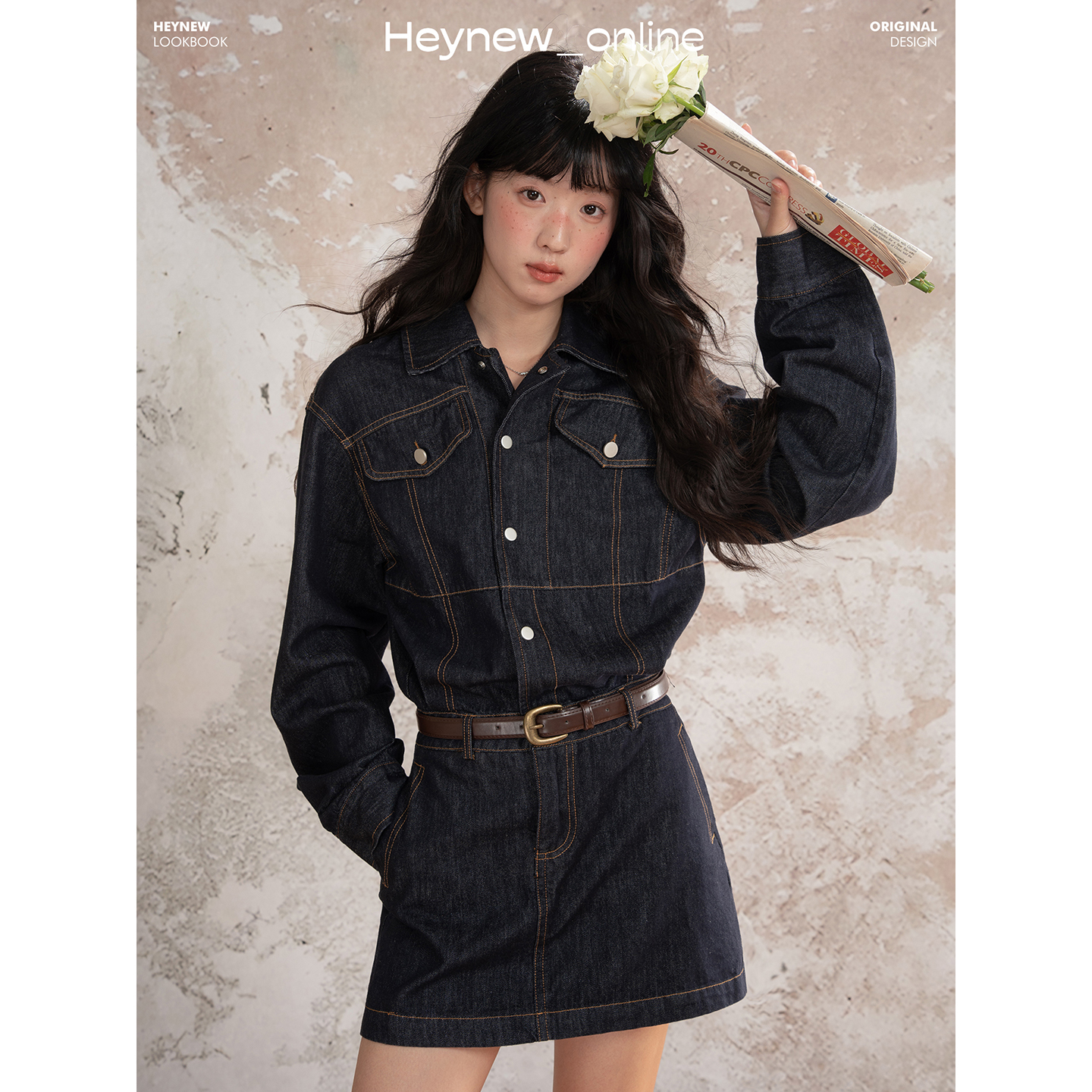 LOVEHEYNEW复古蓝牛仔连衣裙秋季新款小众收腰显瘦a字裙JJL250633