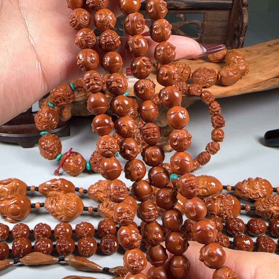 橄榄核手串/手链宽1.0老树铁核精雕108罗汉长串