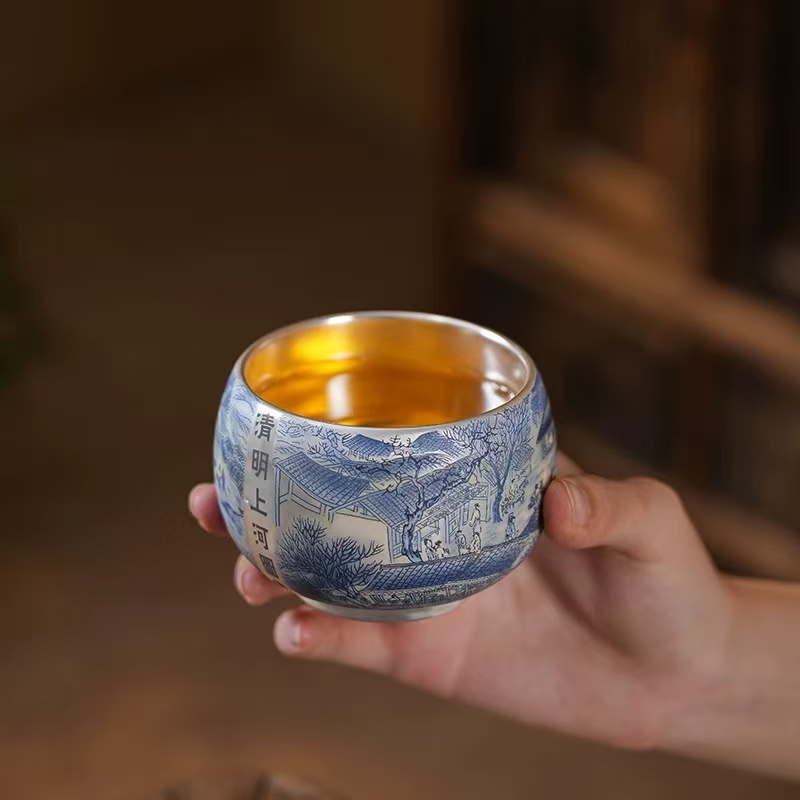 「云栖茶具」清明上河图鎏银主人罗汉杯ZH2045