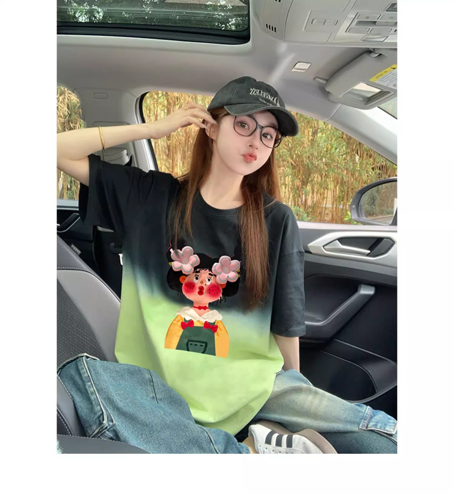 【头花女孩】渐变扎染短袖t恤女2025新款夏季卡通女孩设计感上衣