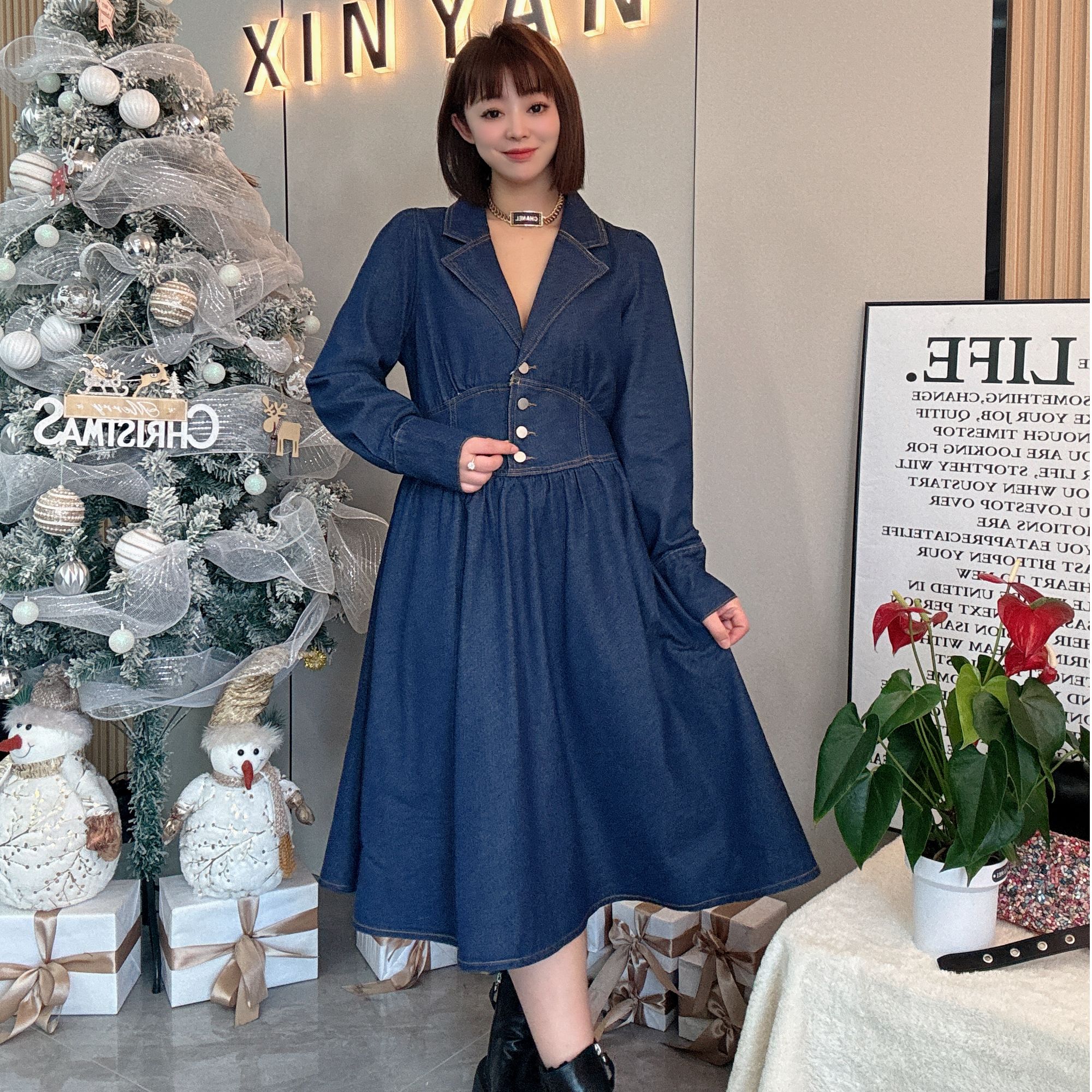 【木果甄选】春季新款女装大码女装牛仔连衣裙遮肉显瘦百搭款