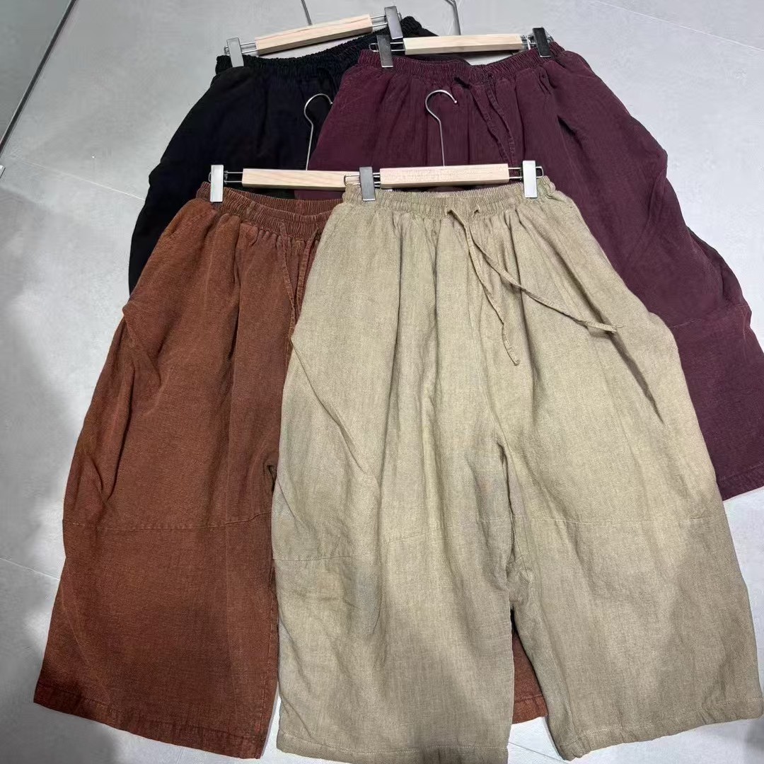 8297冬亚麻植物泥染复古百搭做旧加棉直筒裤靴裤；裤长84臀围170