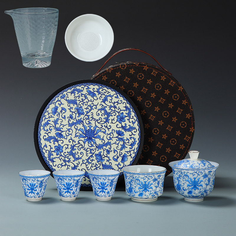 璞玉瓷悬停盖碗可旋转功夫茶具青花瓷缠枝莲主人杯公司开业伴手礼