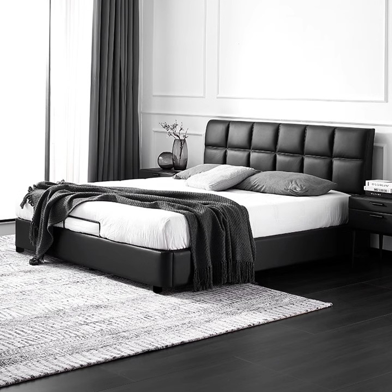 黑色意式极简巧克力真皮床小户型齐边床储物床薄床头主卧双人床