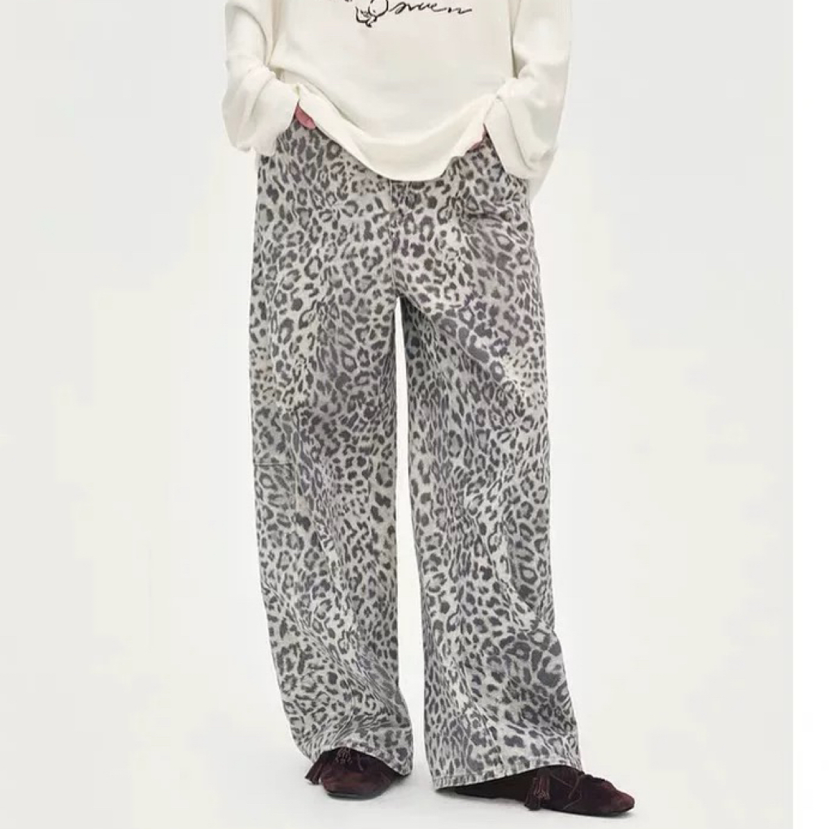 ANNENONO豹纹弯刀牛仔裤显瘦高腰设计感百搭休闲裤