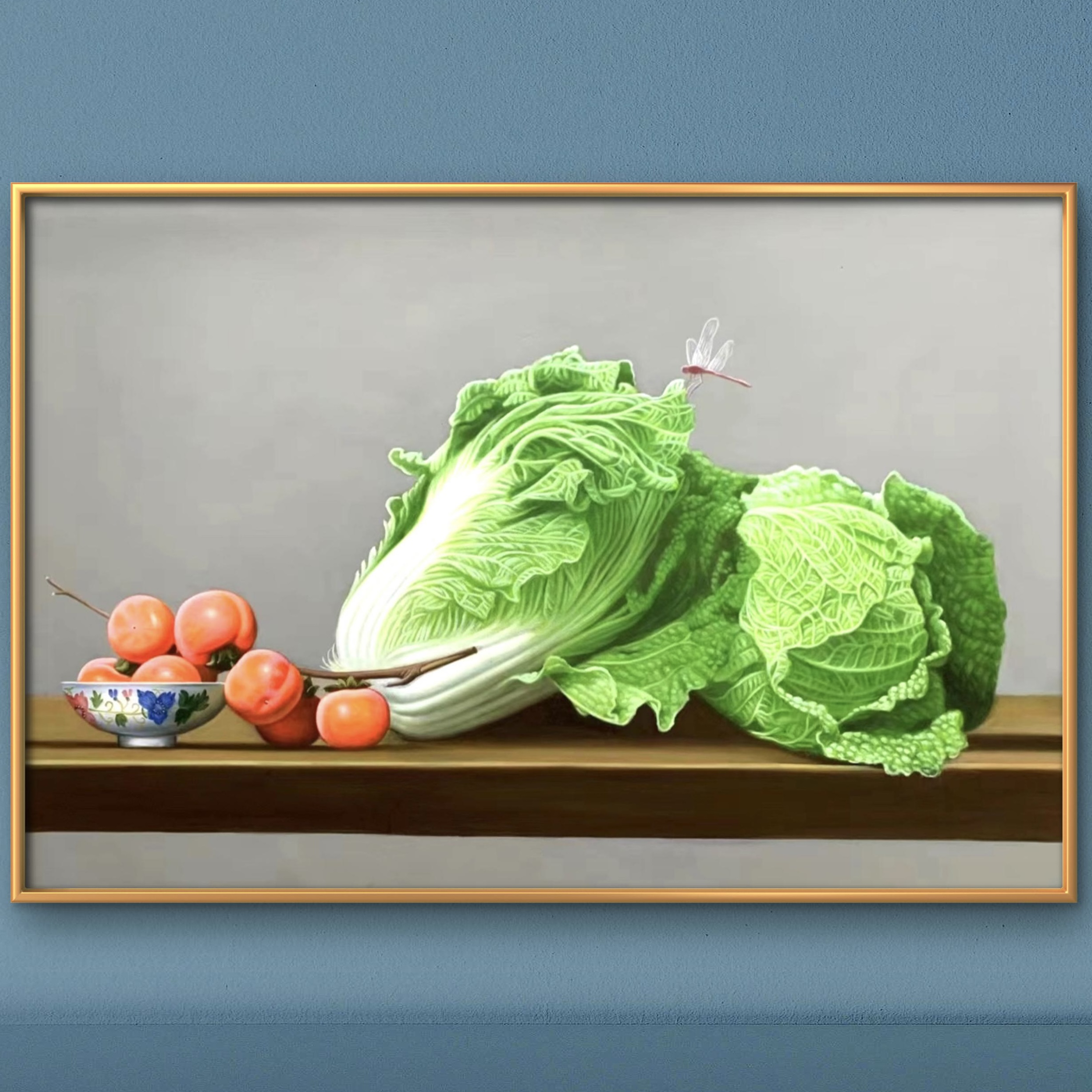 手绘白菜寓意百财油画餐厅客厅玄关背景