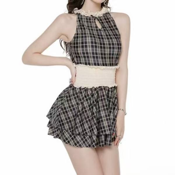 女款格子连体裙式泳衣显瘦时尚气质