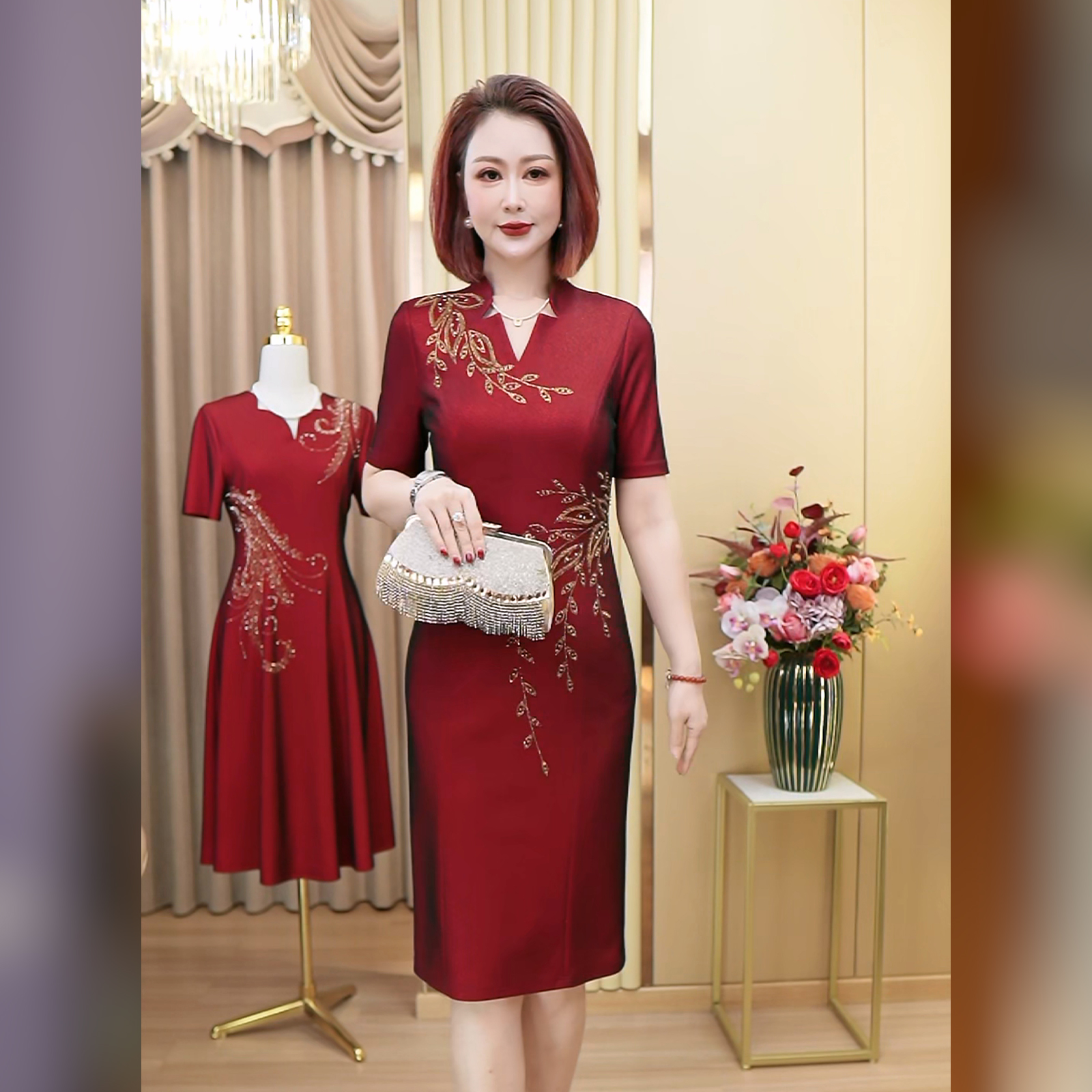 新款春秋季修身麦穗高贵喜婆婆喜妈妈装气质高端简单婚宴礼服裙