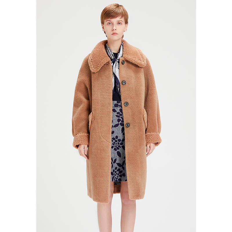 人造皮草 【超值】秋冬中长款厚外套女红沙漠64503257大衣翻领冬季