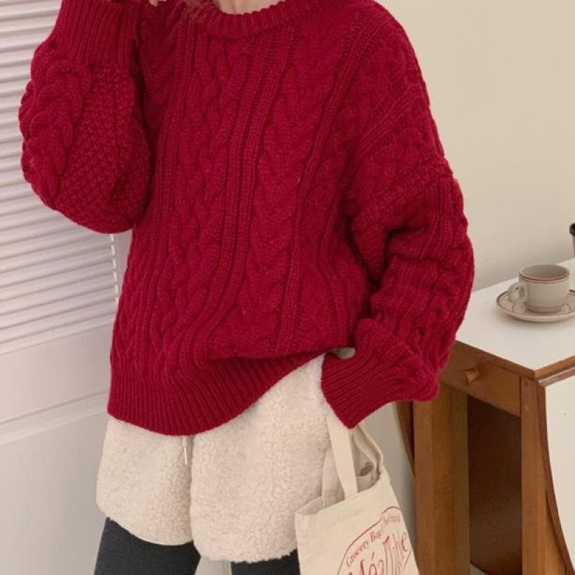 2025秋冬八奶经典复古麻花加厚宽松慵懒风秋冬冬季加绒韩版毛衣红