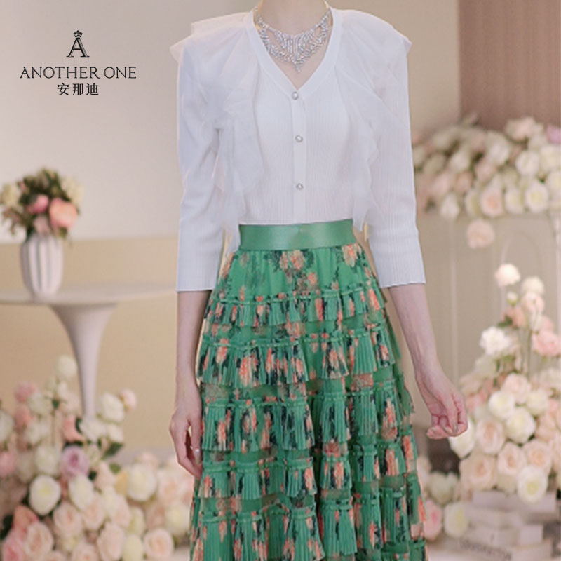 ANOTHER ONE安那迪荷叶边网纱拼接显瘦V领长袖针织衫女小众设计外