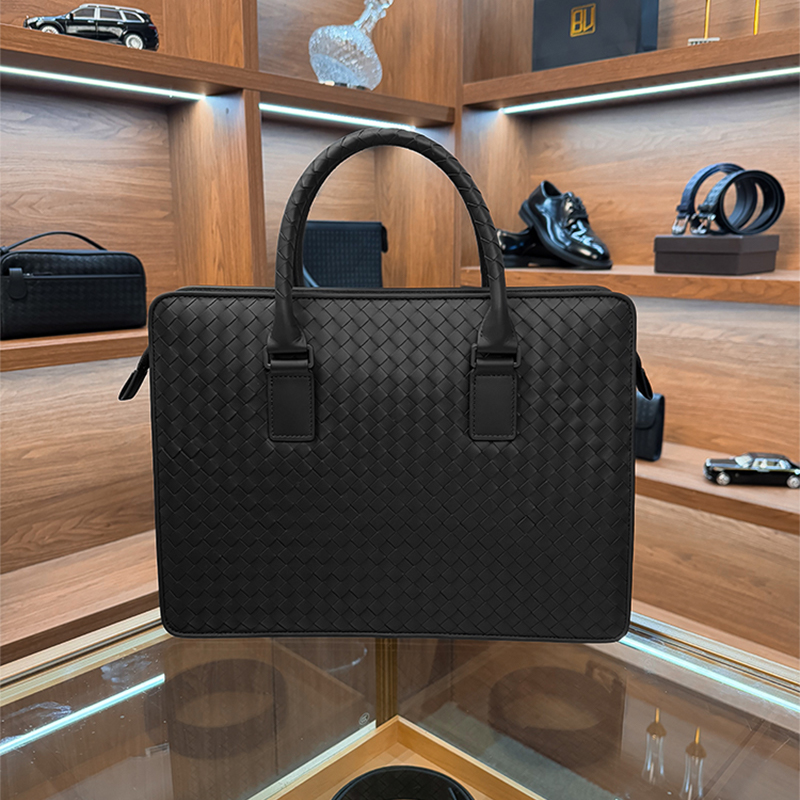 BV头层胎牛皮纯手工编织公文包商务男款大容量时尚百搭新款电脑包