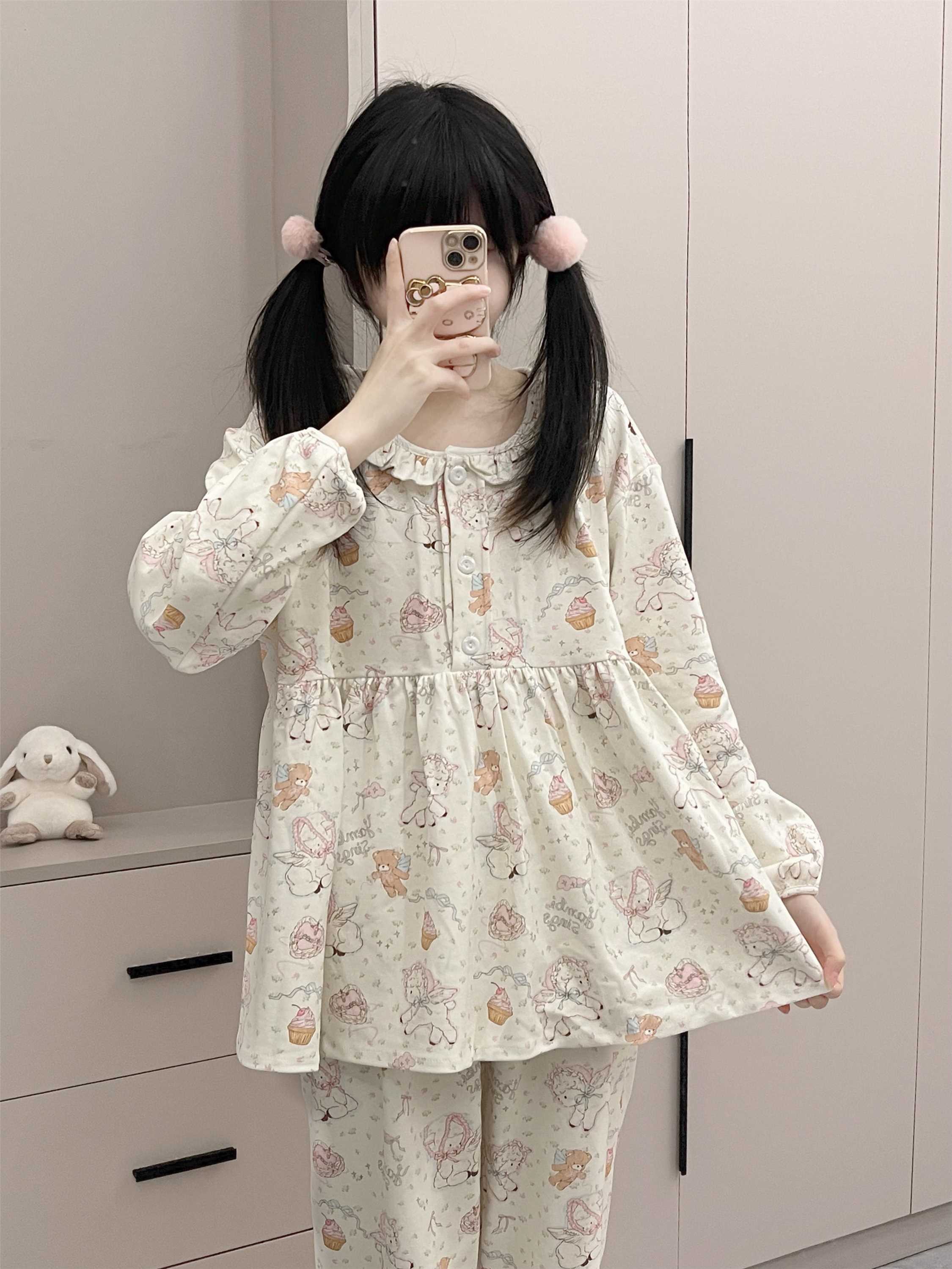 原创！甜品小熊甜美春秋长袖长裤女薄款卡通睡衣可爱家居服套装