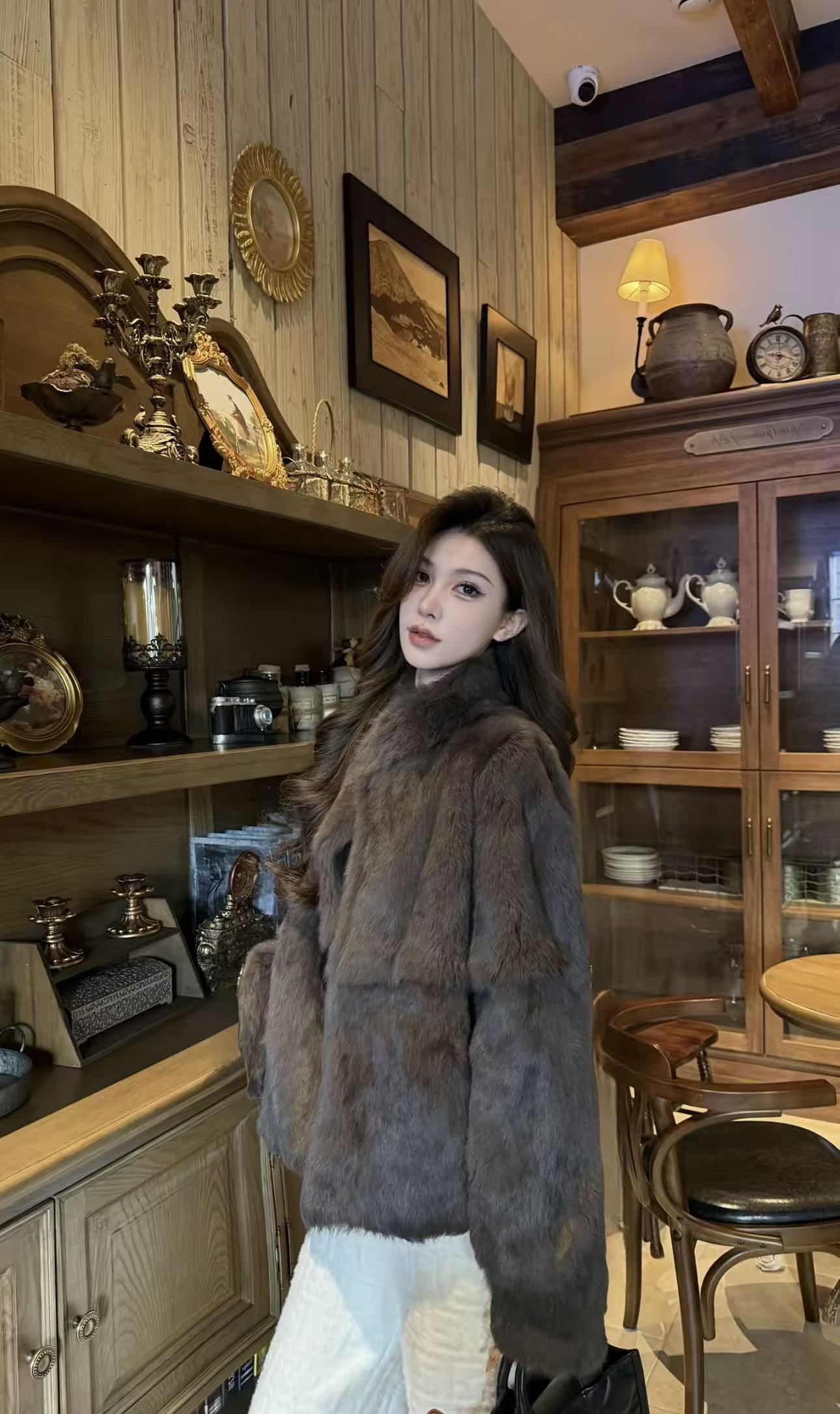 小立领定染兔毛皮草2025秋冬新款宽松女外套